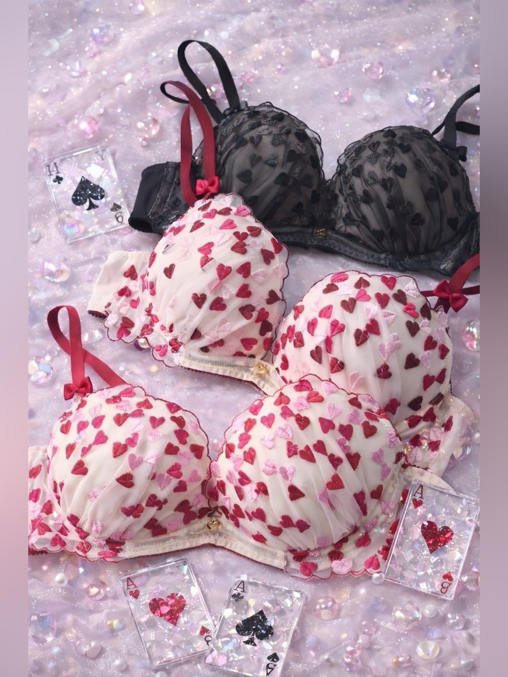 US-32C/JP-E70 Japanese Embroidery Cute Sweet Sexy Satin Bow Bra Thong Set NWT